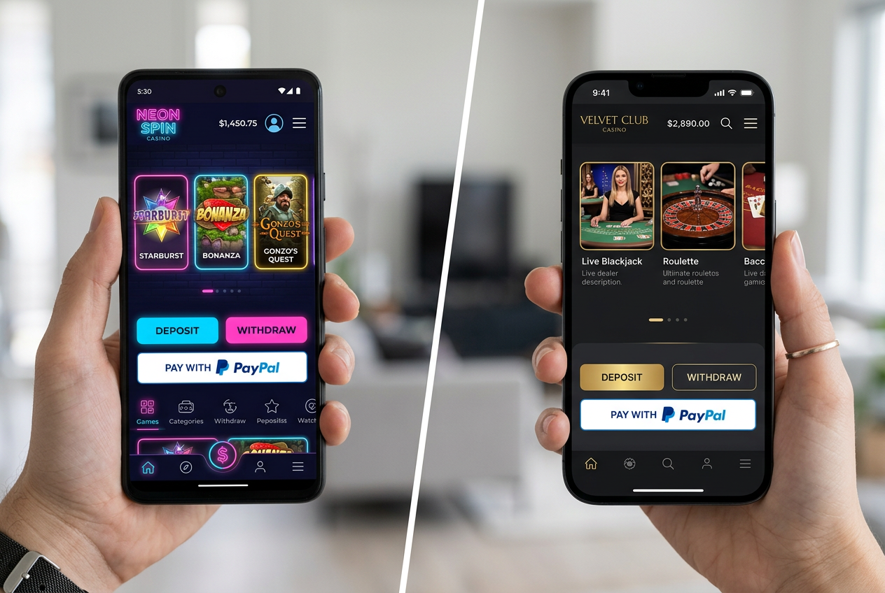 Srovnání rozhraní online kasin s tlačítky pro platbu PayPal