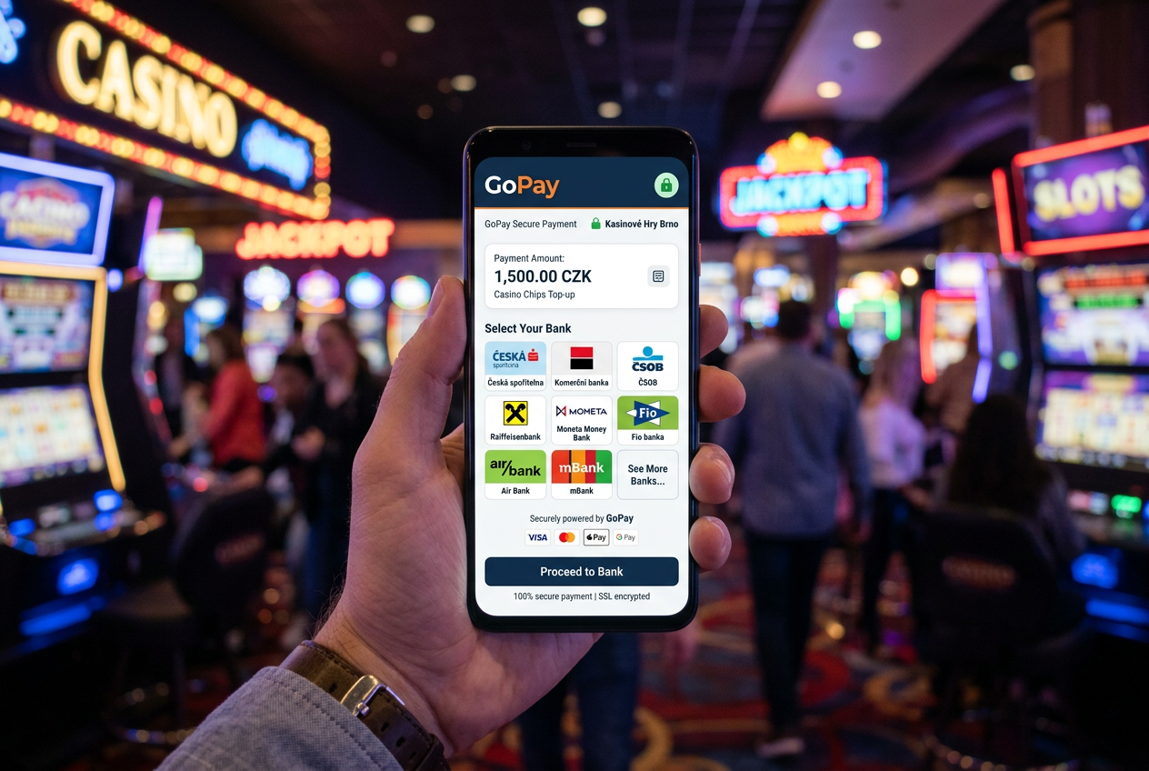 Moderní rozhraní platební brány GoPay na mobilním telefonu v prostředí online kasina