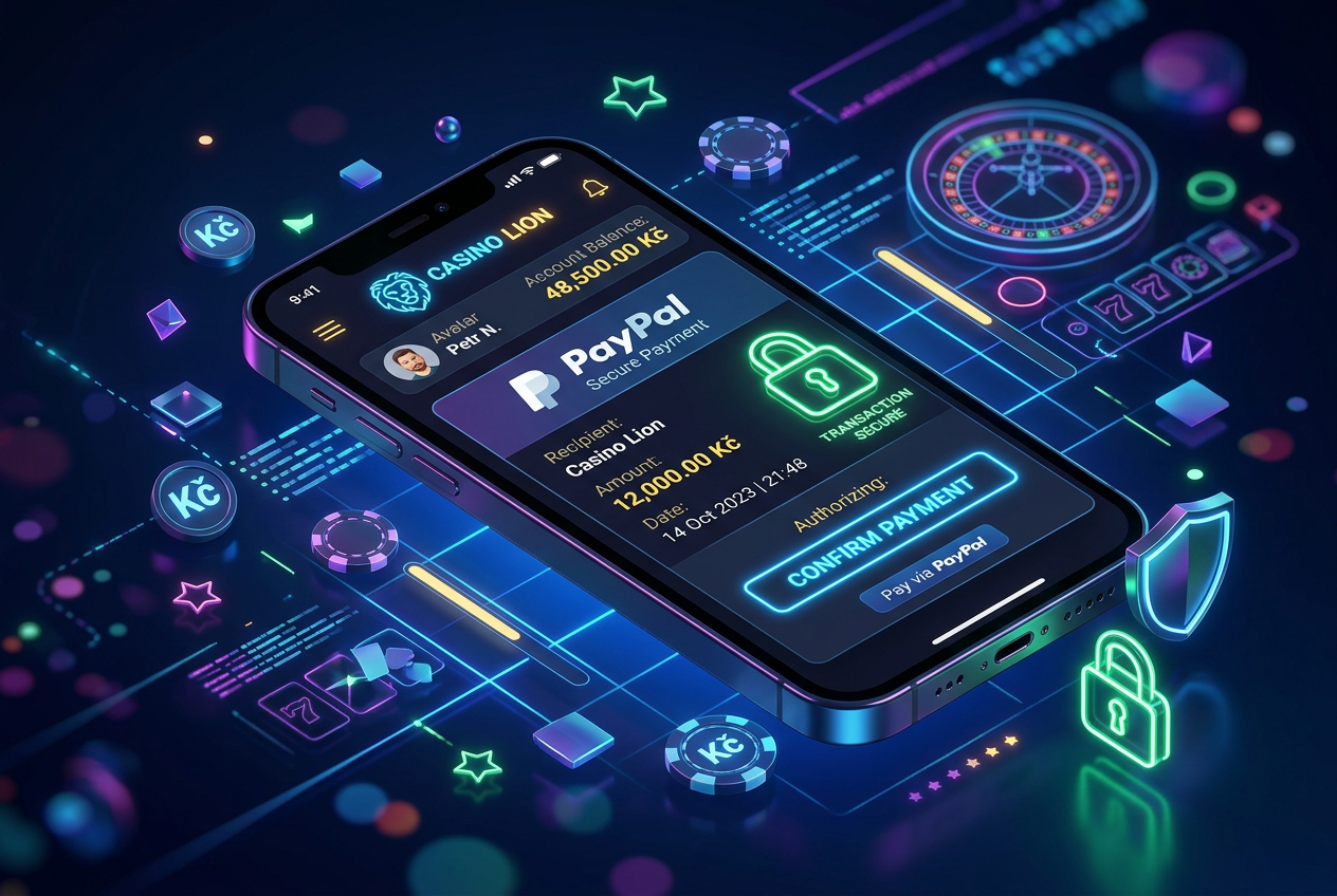 3D ilustrace bezpečné PayPal transakce v online kasinu na chytrém telefonu