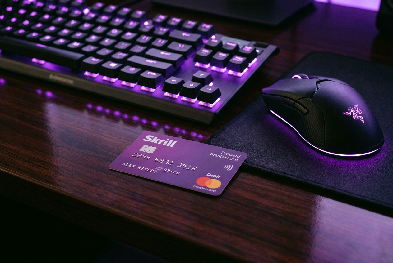 Detailní záběr na kartu Skrill Mastercard vedle herního notebooku s online kasinem