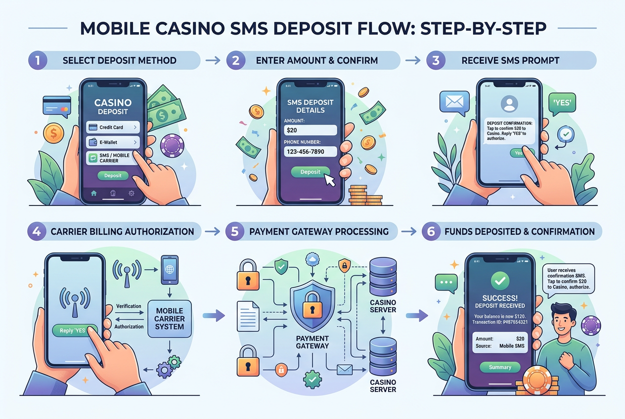 Infografika procesu SMS vkladu do online kasina přes platební bránu